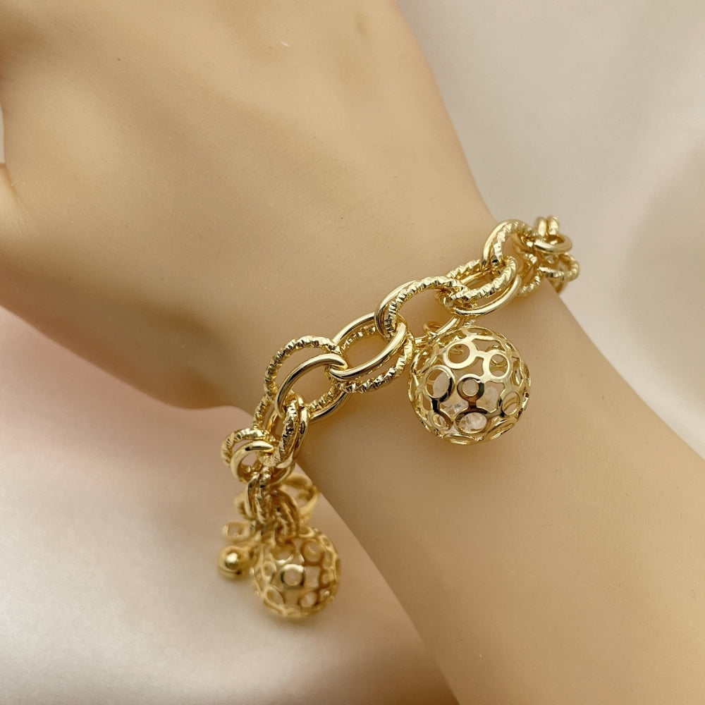 Oro Laminado Charm Bracelet, Gold Filled Style Ball Design, with White Cubic Zirconia, Polished, Golden Finish