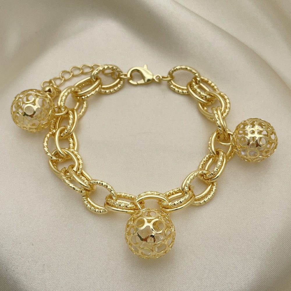 Oro Laminado Charm Bracelet, Gold Filled Style Ball Design, with White Cubic Zirconia, Polished, Golden Finish