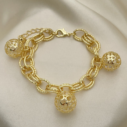 Oro Laminado Charm Bracelet, Gold Filled Style Ball Design, with White Cubic Zirconia, Polished, Golden Finish