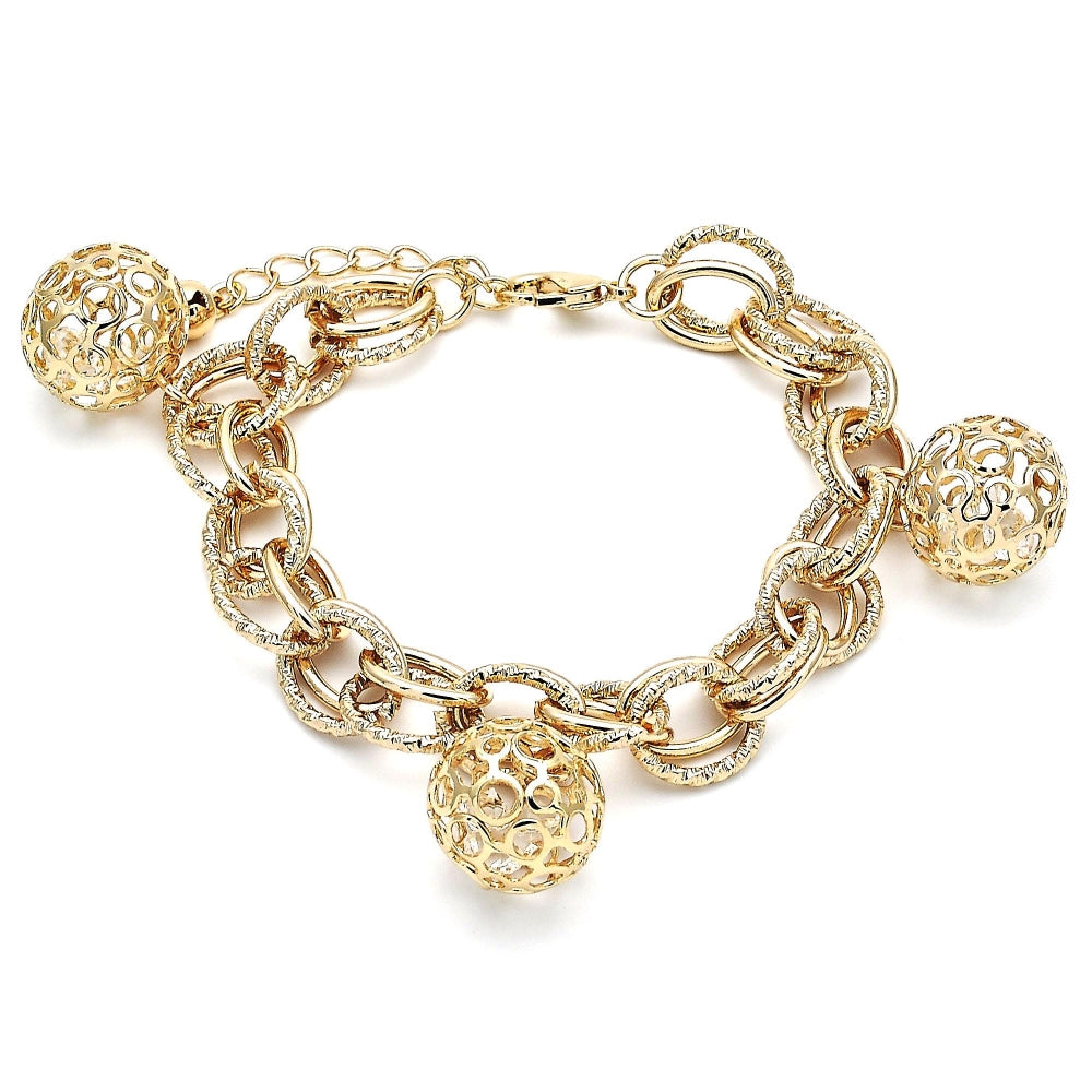Oro Laminado Charm Bracelet, Gold Filled Style Ball Design, with White Cubic Zirconia, Polished, Golden Finish