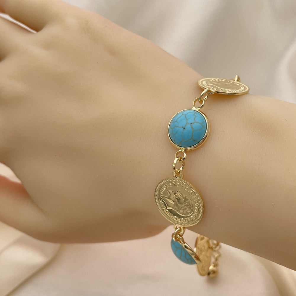 Oro Laminado Fancy Bracelet, Gold Filled Style with Light Turquoise Opal, Polished, Golden Finish