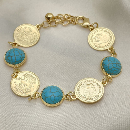 Oro Laminado Fancy Bracelet, Gold Filled Style with Light Turquoise Opal, Polished, Golden Finish
