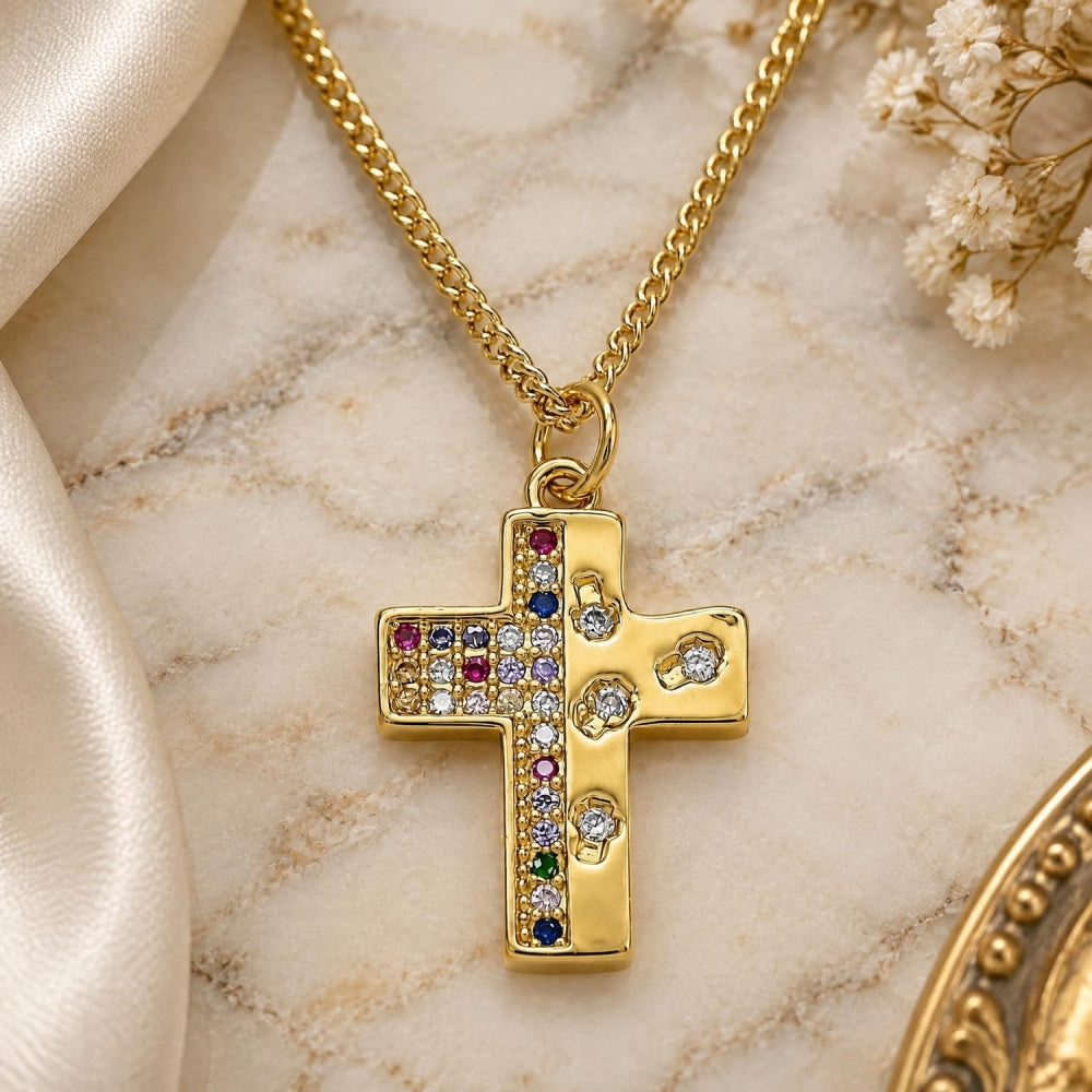 Oro Laminado Pendant Necklace, Gold Filled Style Cross Design, with Multicolor Micro Pave, Polished, Golden Finish
