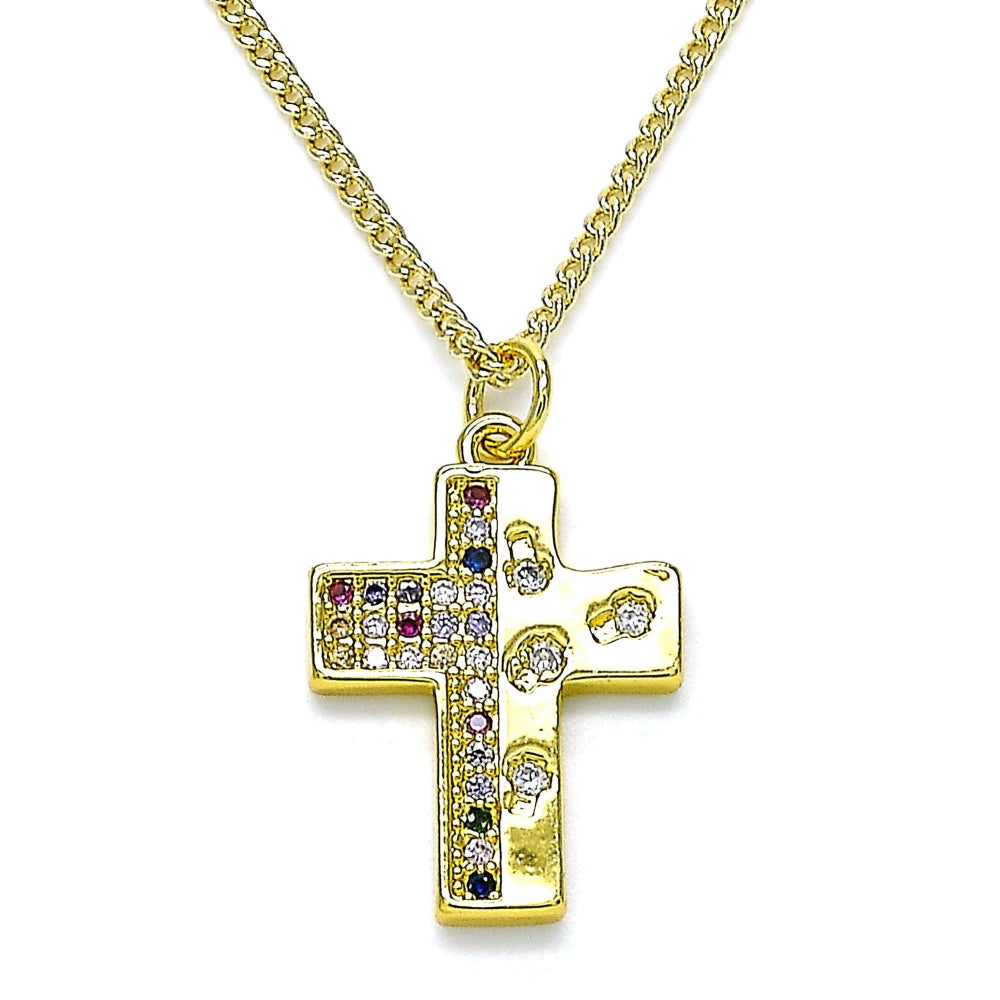 Oro Laminado Pendant Necklace, Gold Filled Style Cross Design, with Multicolor Micro Pave, Polished, Golden Finish