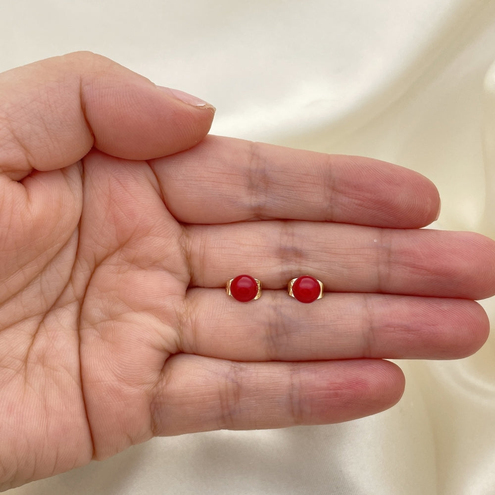 Oro Laminado Stud Earring, Gold Filled Style Ball Design, with Garnet Pearl, Polished, Golden Finish