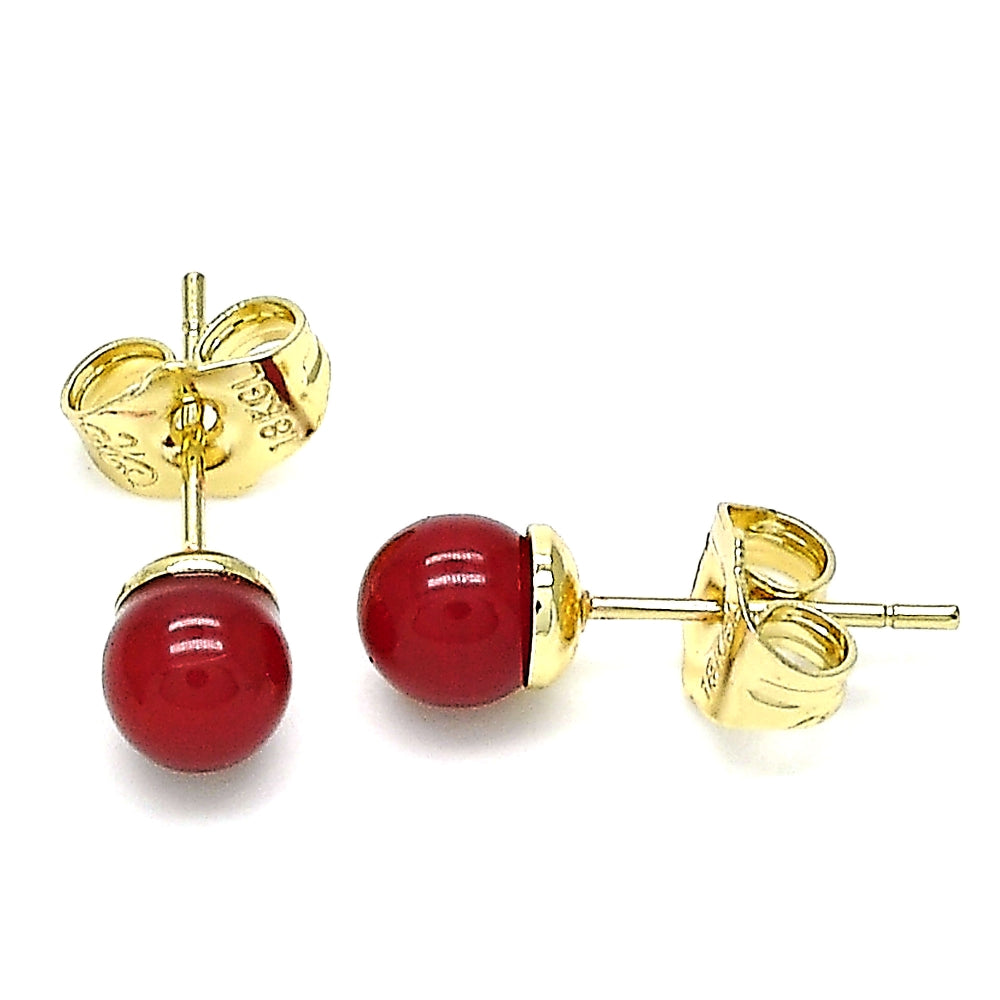 Oro Laminado Stud Earring, Gold Filled Style Ball Design, with Garnet Pearl, Polished, Golden Finish