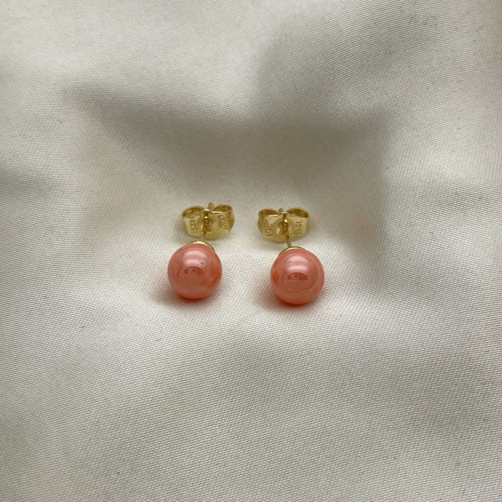 Oro Laminado Stud Earring, Gold Filled Style Ball Design, with Pink Pearl, Polished, Golden Finish