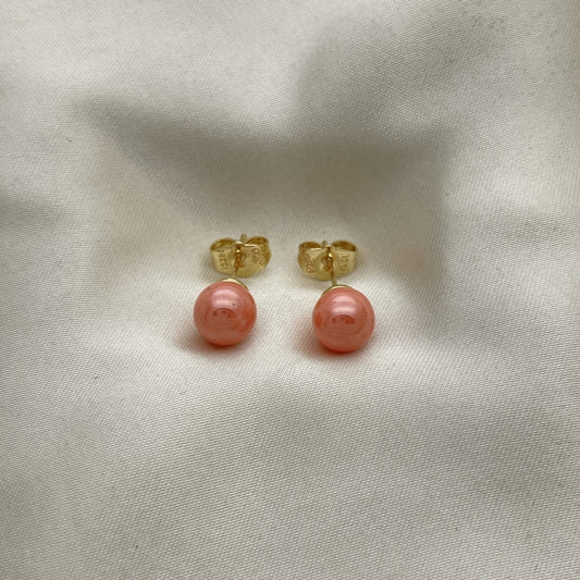 Oro Laminado Stud Earring, Gold Filled Style Ball Design, with Pink Pearl, Polished, Golden Finish