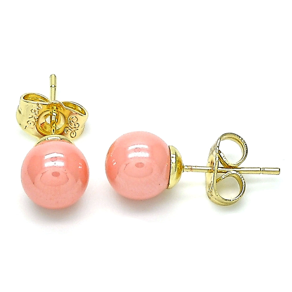 Oro Laminado Stud Earring, Gold Filled Style Ball Design, with Pink Pearl, Polished, Golden Finish