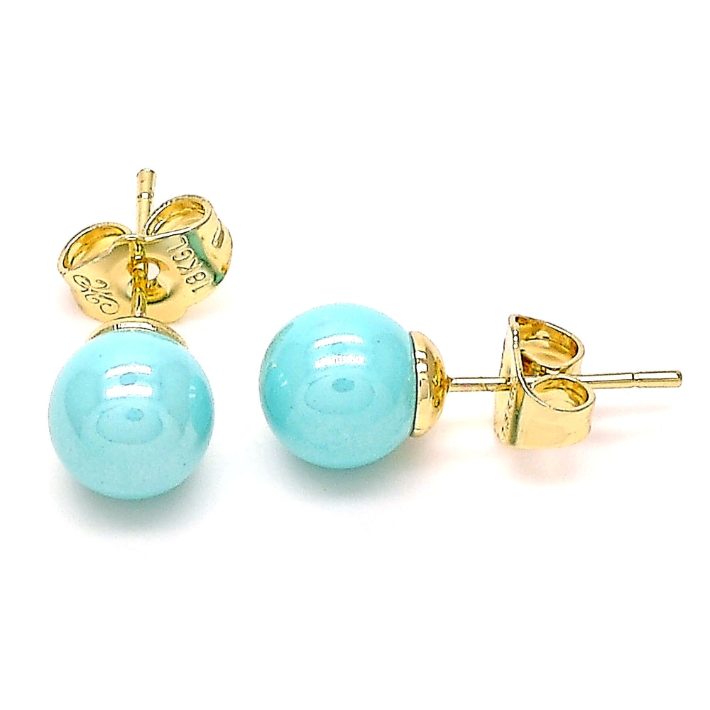 Oro Laminado Stud Earring, Gold Filled Style Ball Design, with Turquoise Pearl, Polished, Golden Finish