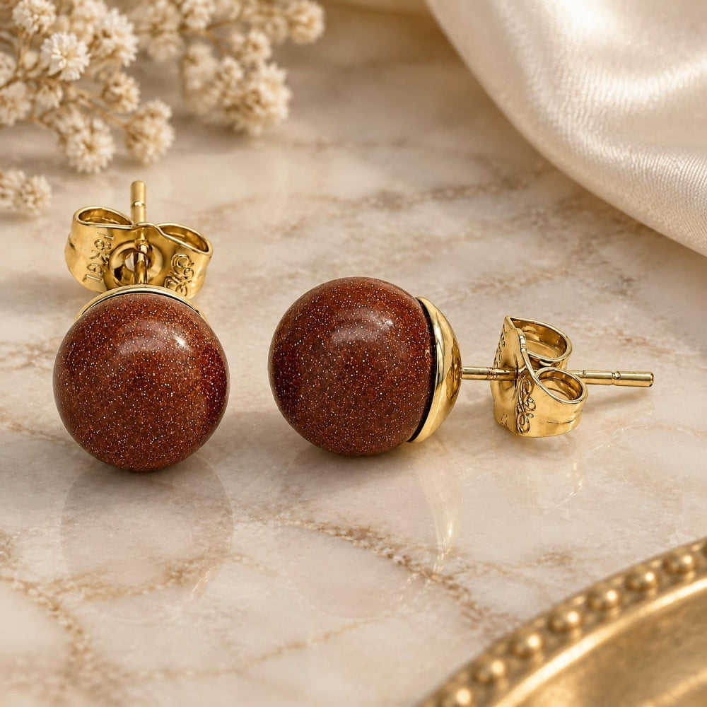 Oro Laminado Stud Earring, Gold Filled Style Ball Design, with Brown Goldstone Venturina, Polished, Golden Finish