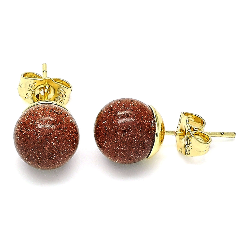 Oro Laminado Stud Earring, Gold Filled Style Ball Design, with Brown Goldstone Venturina, Polished, Golden Finish