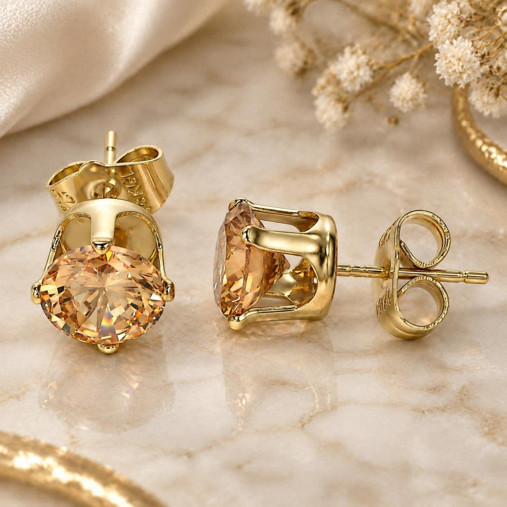 Oro Laminado Stud Earring, Gold Filled Style with Dark Champagne Cubic Zirconia, Polished, Golden Finish