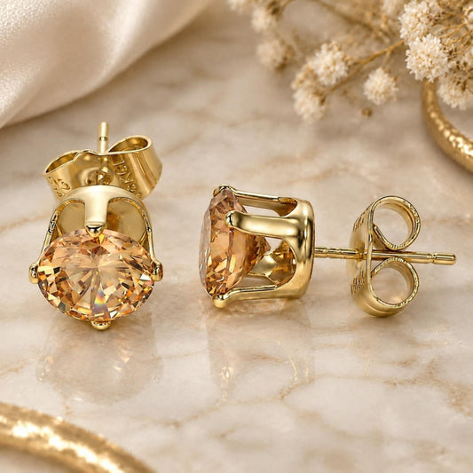 Oro Laminado Stud Earring, Gold Filled Style with Dark Champagne Cubic Zirconia, Polished, Golden Finish