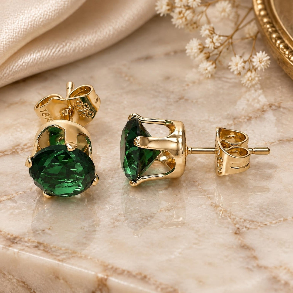 Oro Laminado Stud Earring, Gold Filled Style with Green Cubic Zirconia, Polished, Golden Finish
