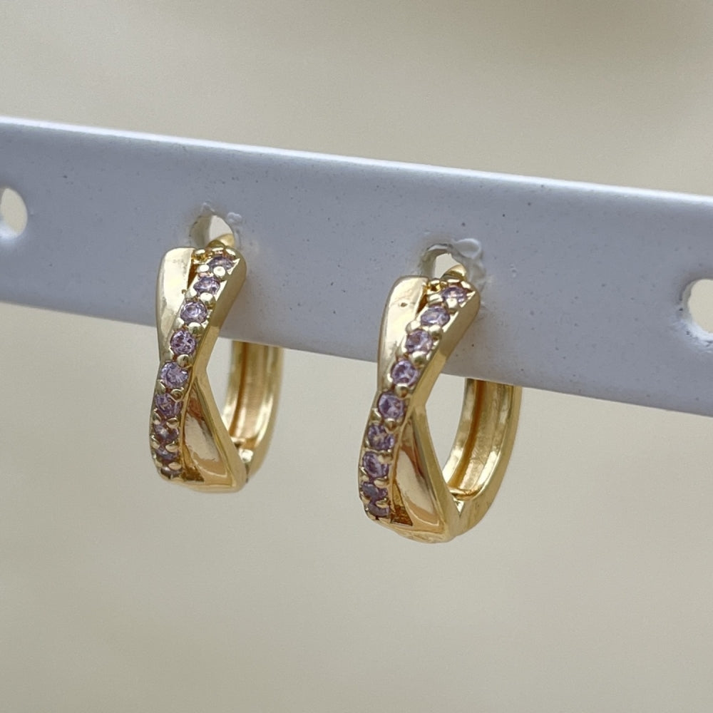 Oro Laminado Huggie Hoop, Gold Filled Style with Pink Micro Pave, Polished, Golden Finish