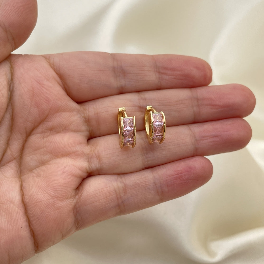 Oro Laminado Huggie Hoop, Gold Filled Style with Pink Cubic Zirconia, Polished, Golden Finish