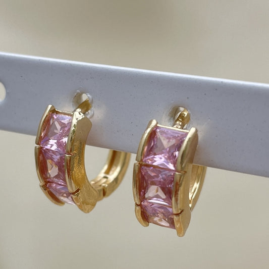 Oro Laminado Huggie Hoop, Gold Filled Style with Pink Cubic Zirconia, Polished, Golden Finish