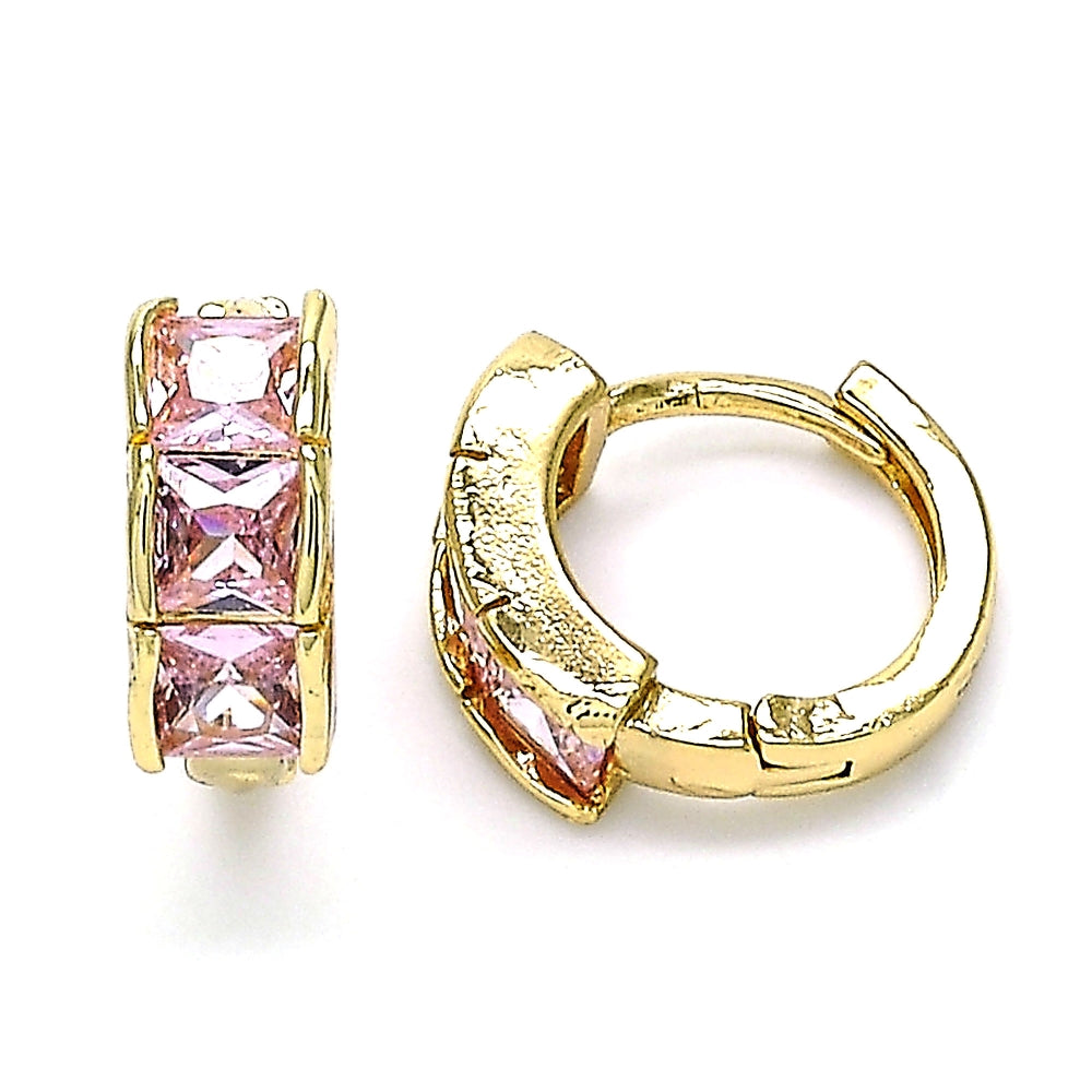 Oro Laminado Huggie Hoop, Gold Filled Style with Pink Cubic Zirconia, Polished, Golden Finish