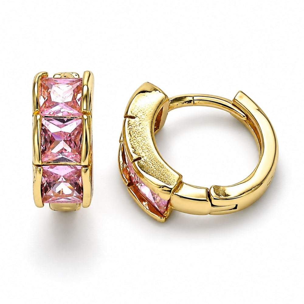 Oro Laminado Huggie Hoop, Gold Filled Style with Pink Cubic Zirconia, Polished, Golden Finish
