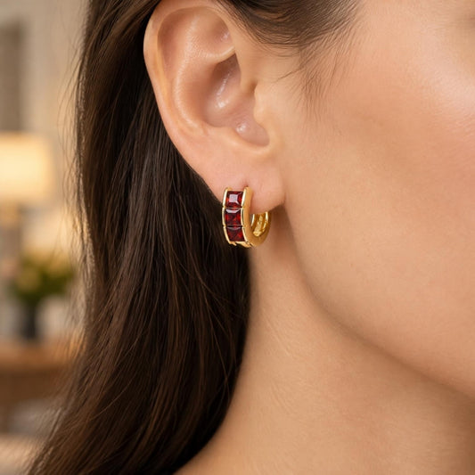 Oro Laminado Huggie Hoop, Gold Filled Style with Garnet Cubic Zirconia, Polished, Golden Finish