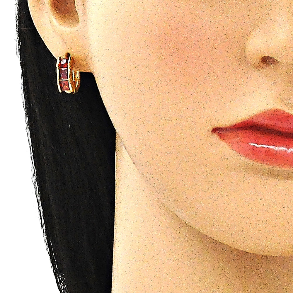 Oro Laminado Huggie Hoop, Gold Filled Style with Garnet Cubic Zirconia, Polished, Golden Finish