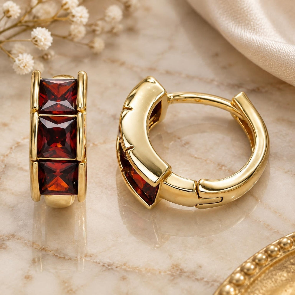 Oro Laminado Huggie Hoop, Gold Filled Style with Garnet Cubic Zirconia, Polished, Golden Finish