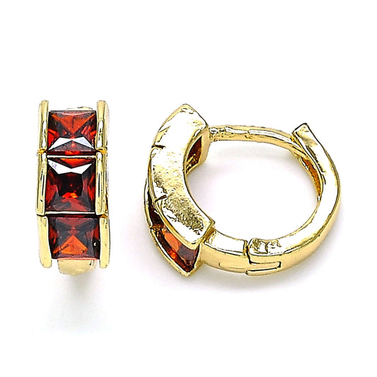 Oro Laminado Huggie Hoop, Gold Filled Style with Garnet Cubic Zirconia, Polished, Golden Finish