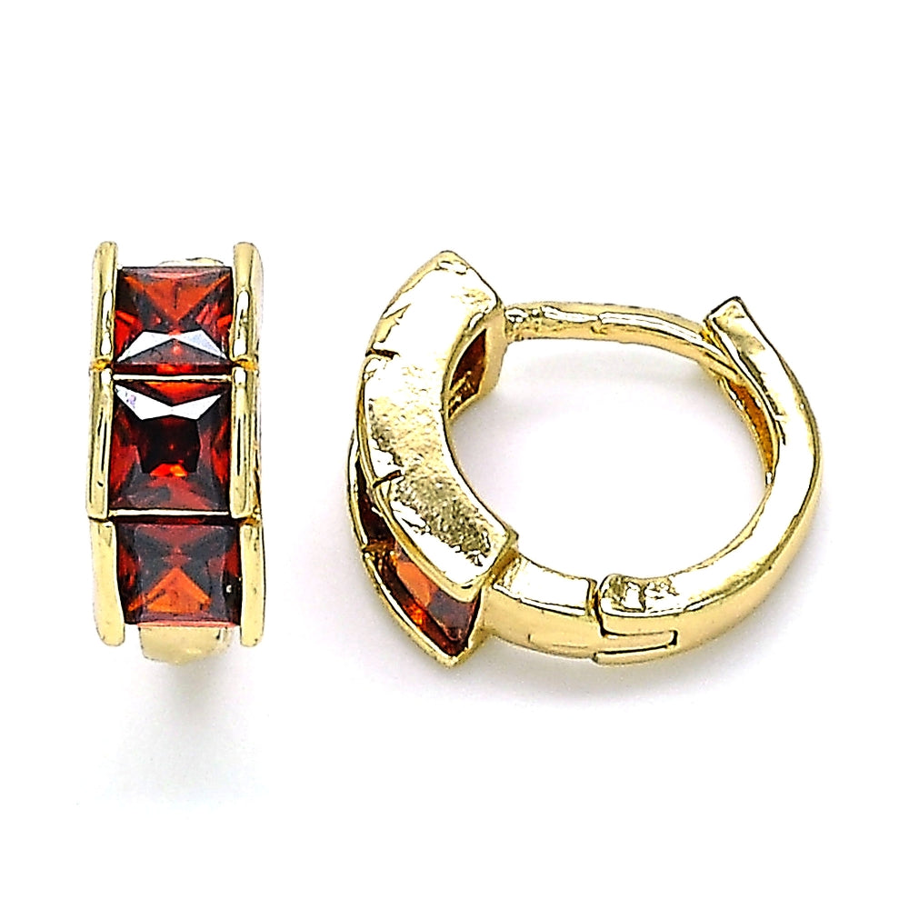 Oro Laminado Huggie Hoop, Gold Filled Style with Garnet Cubic Zirconia, Polished, Golden Finish