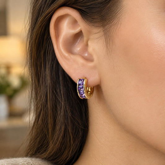 Oro Laminado Huggie Hoop, Gold Filled Style with Amethyst Cubic Zirconia, Polished, Golden Finish