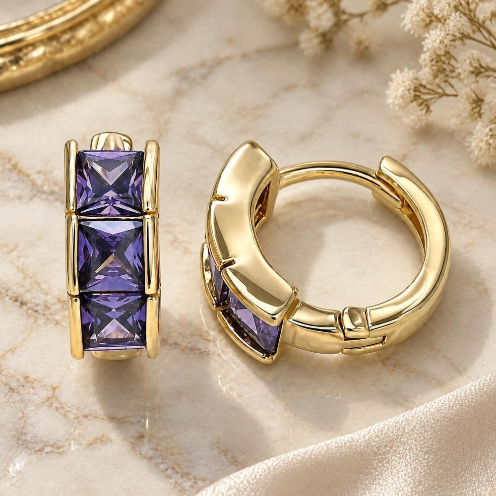 Oro Laminado Huggie Hoop, Gold Filled Style with Amethyst Cubic Zirconia, Polished, Golden Finish