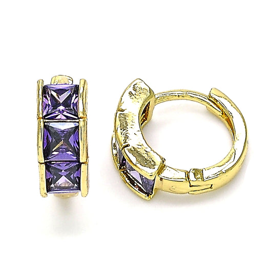 Oro Laminado Huggie Hoop, Gold Filled Style with Amethyst Cubic Zirconia, Polished, Golden Finish