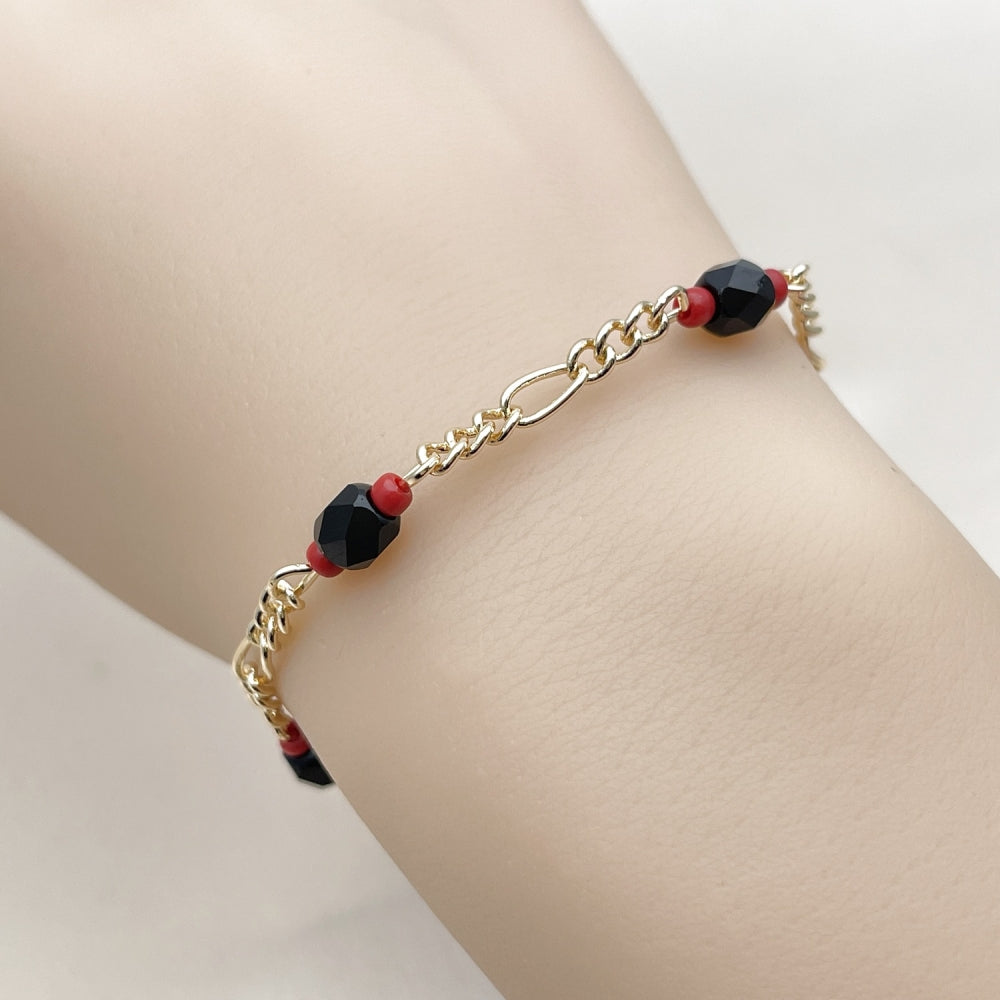 Oro Laminado Fancy Bracelet, Gold Filled Style with Black Crystal, Polished, Golden Finish
