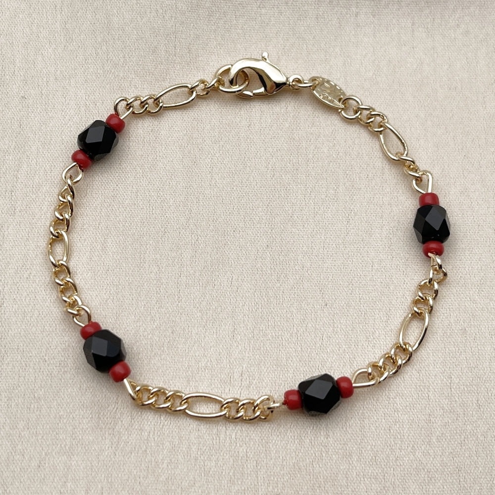 Oro Laminado Fancy Bracelet, Gold Filled Style with Black Crystal, Polished, Golden Finish