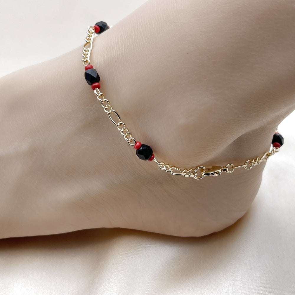 Oro Laminado Fancy Anklet, Gold Filled Style with Black Crystal, Polished, Golden Finish