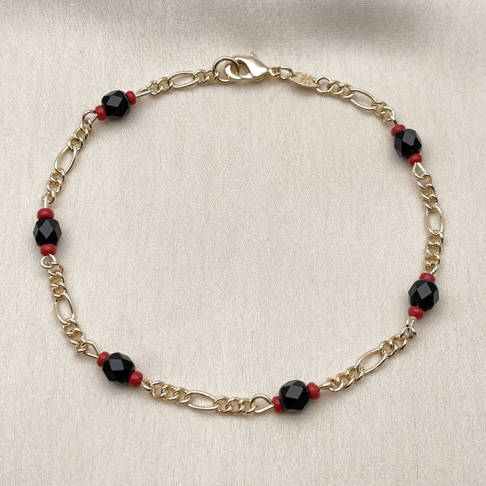 Oro Laminado Fancy Anklet, Gold Filled Style with Black Crystal, Polished, Golden Finish