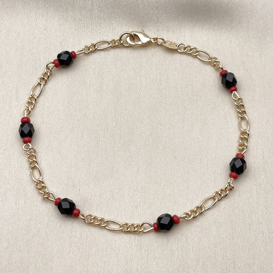 Oro Laminado Fancy Anklet, Gold Filled Style with Black Crystal, Polished, Golden Finish
