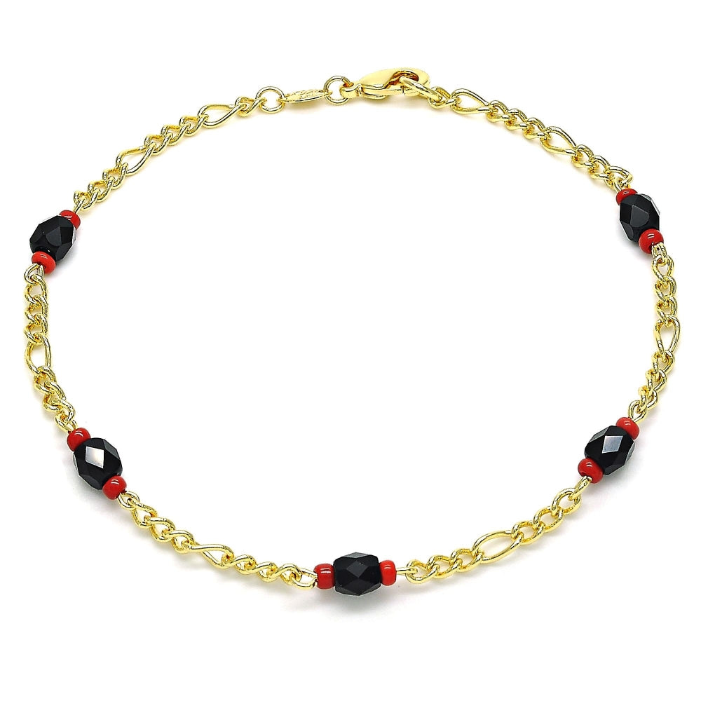 Oro Laminado Fancy Anklet, Gold Filled Style with Black Crystal, Polished, Golden Finish