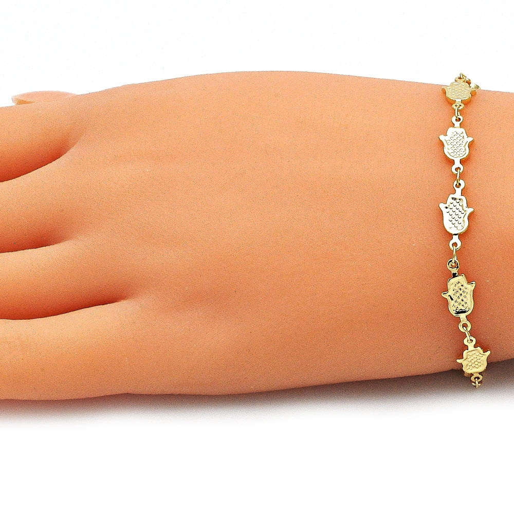 Oro Laminado Fancy Bracelet, Gold Filled Style Hand of God and Judaica Design, Polished, Golden Finish