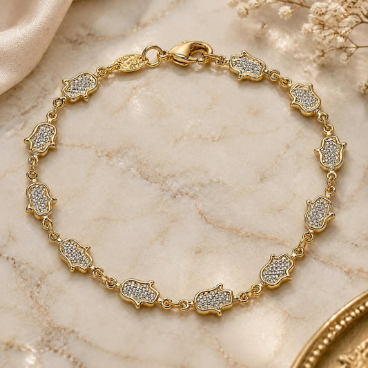Oro Laminado Fancy Bracelet, Gold Filled Style Hand of God and Judaica Design, Polished, Golden Finish