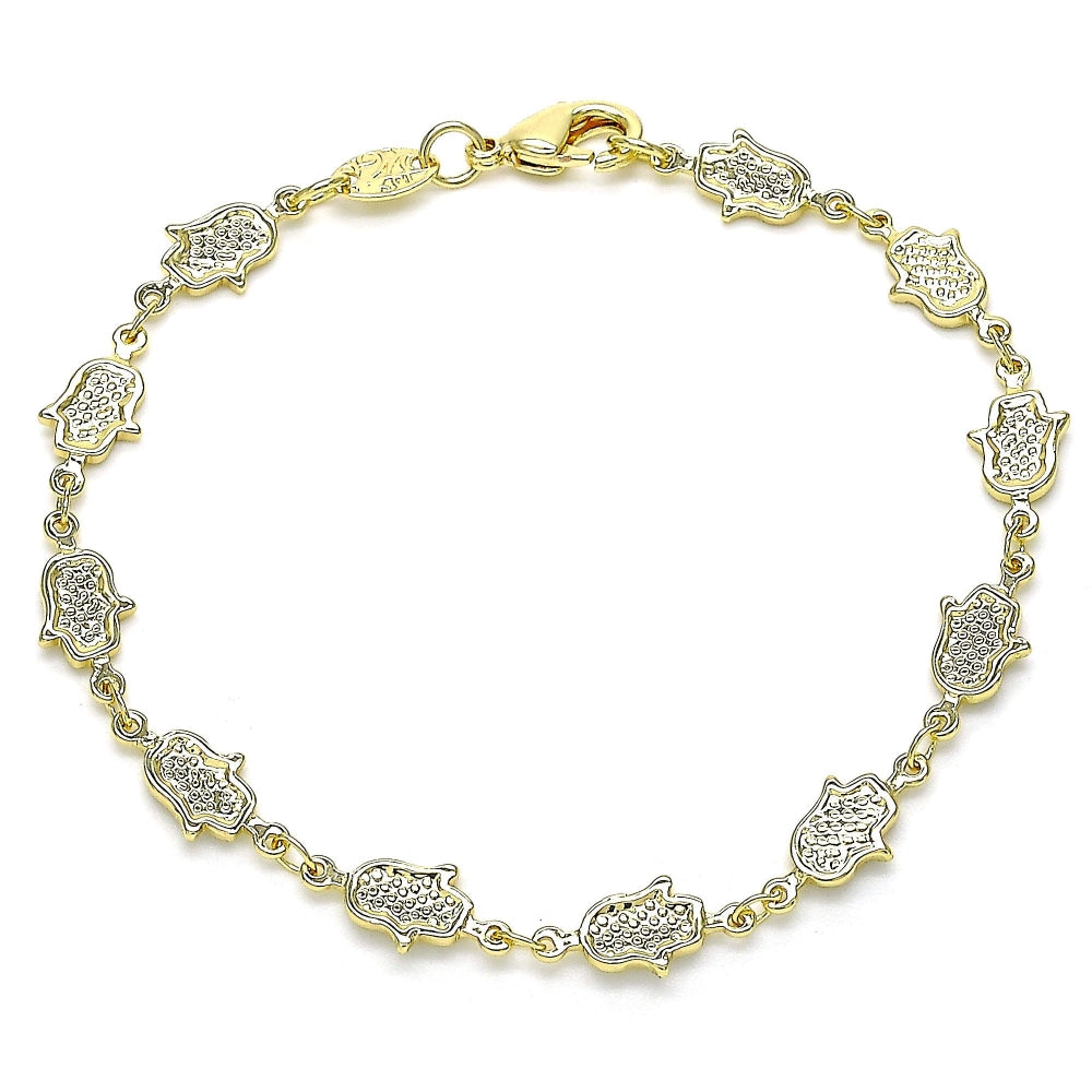 Oro Laminado Fancy Bracelet, Gold Filled Style Hand of God and Judaica Design, Polished, Golden Finish