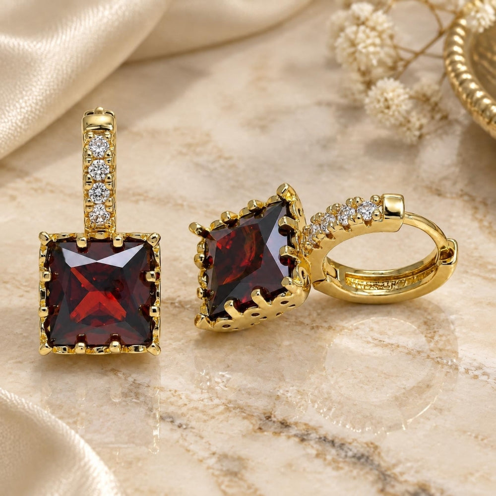 Oro Laminado Huggie Hoop, Gold Filled Style with Garnet Cubic Zirconia and White Micro Pave, Polished, Golden Finish
