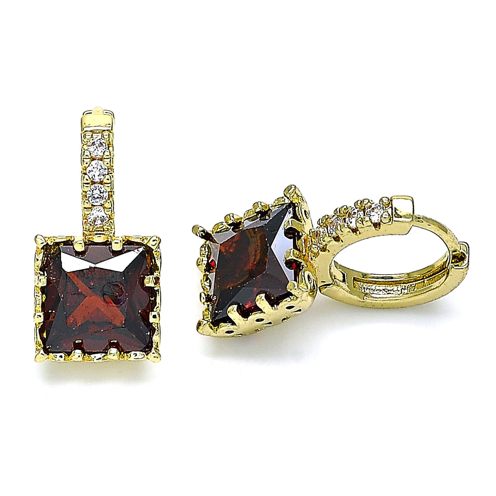 Oro Laminado Huggie Hoop, Gold Filled Style with Garnet Cubic Zirconia and White Micro Pave, Polished, Golden Finish