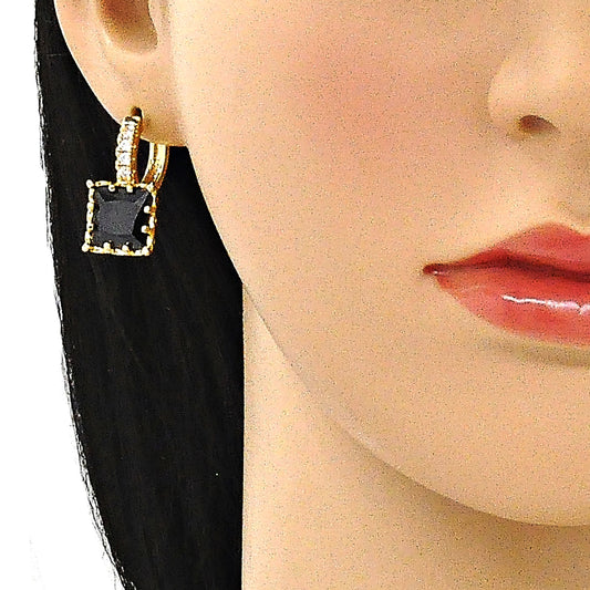 Oro Laminado Huggie Hoop, Gold Filled Style with Black Cubic Zirconia and White Micro Pave, Polished, Golden Finish