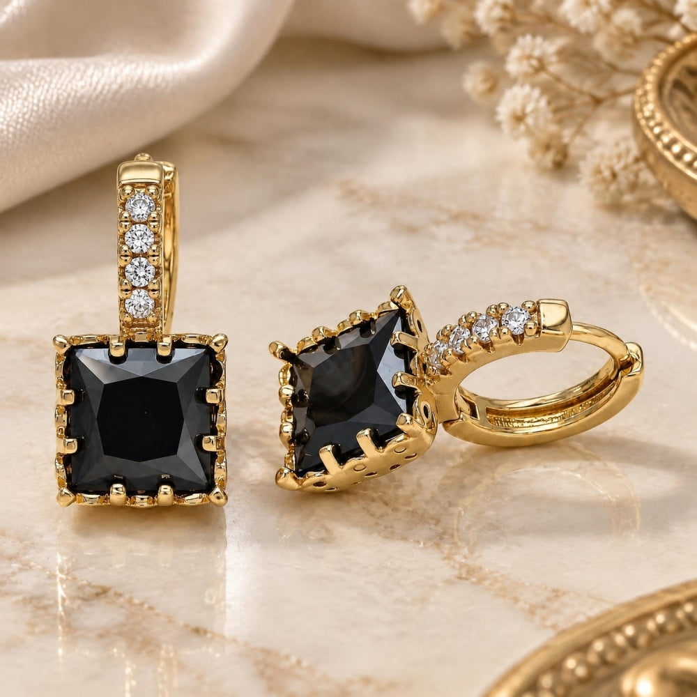 Oro Laminado Huggie Hoop, Gold Filled Style with Black Cubic Zirconia and White Micro Pave, Polished, Golden Finish