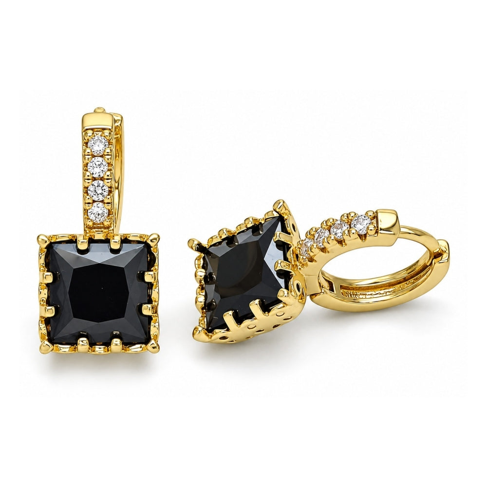 Oro Laminado Huggie Hoop, Gold Filled Style with Black Cubic Zirconia and White Micro Pave, Polished, Golden Finish