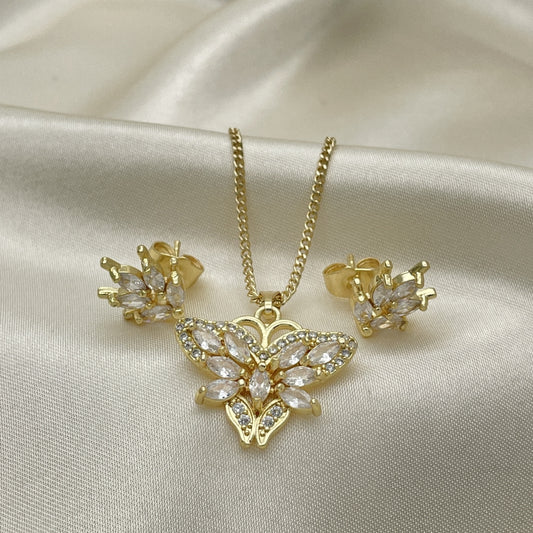 Oro Laminado Earring and Pendant Adult Set, Gold Filled Style Butterfly Design, with White Cubic Zirconia and White Micro Pave, Polished, Golden Finish