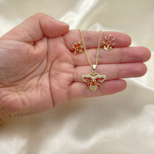 Oro Laminado Earring and Pendant Adult Set, Gold Filled Style Butterfly Design, with Garnet Cubic Zirconia and White Micro Pave, Polished, Golden Finish
