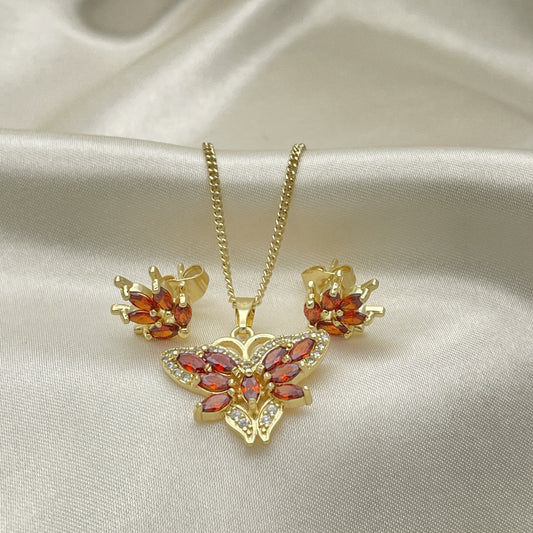 Oro Laminado Earring and Pendant Adult Set, Gold Filled Style Butterfly Design, with Garnet Cubic Zirconia and White Micro Pave, Polished, Golden Finish