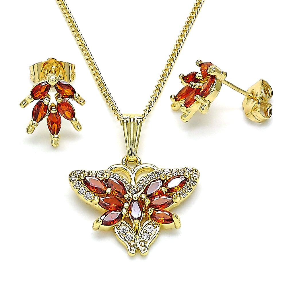 Oro Laminado Earring and Pendant Adult Set, Gold Filled Style Butterfly Design, with Garnet Cubic Zirconia and White Micro Pave, Polished, Golden Finish